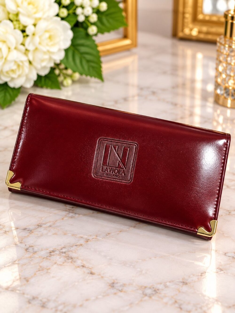Laviola Milano Burgundy Red Glossy Continental Bi-Fold Wallet Gold Corners